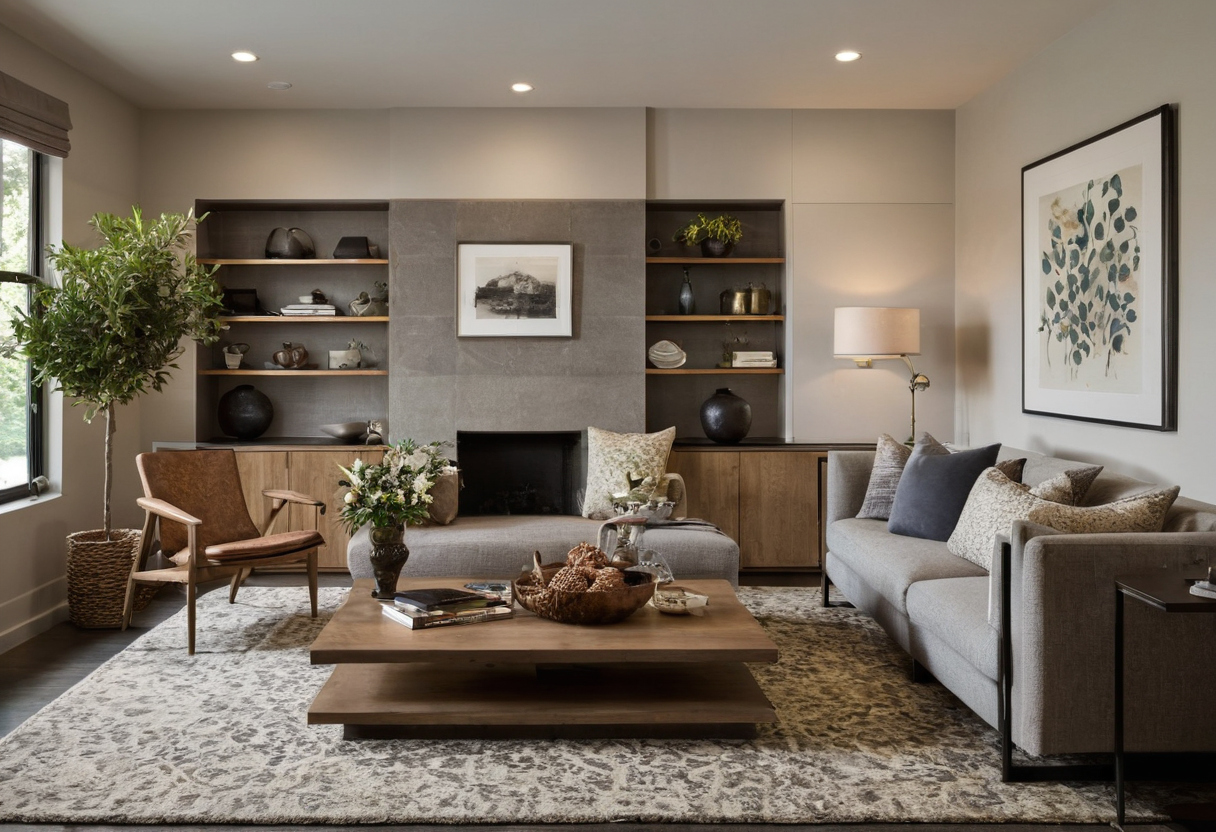 Rugs, coffee tables, consoles, and side tables should be scaled to the seating group planning reference