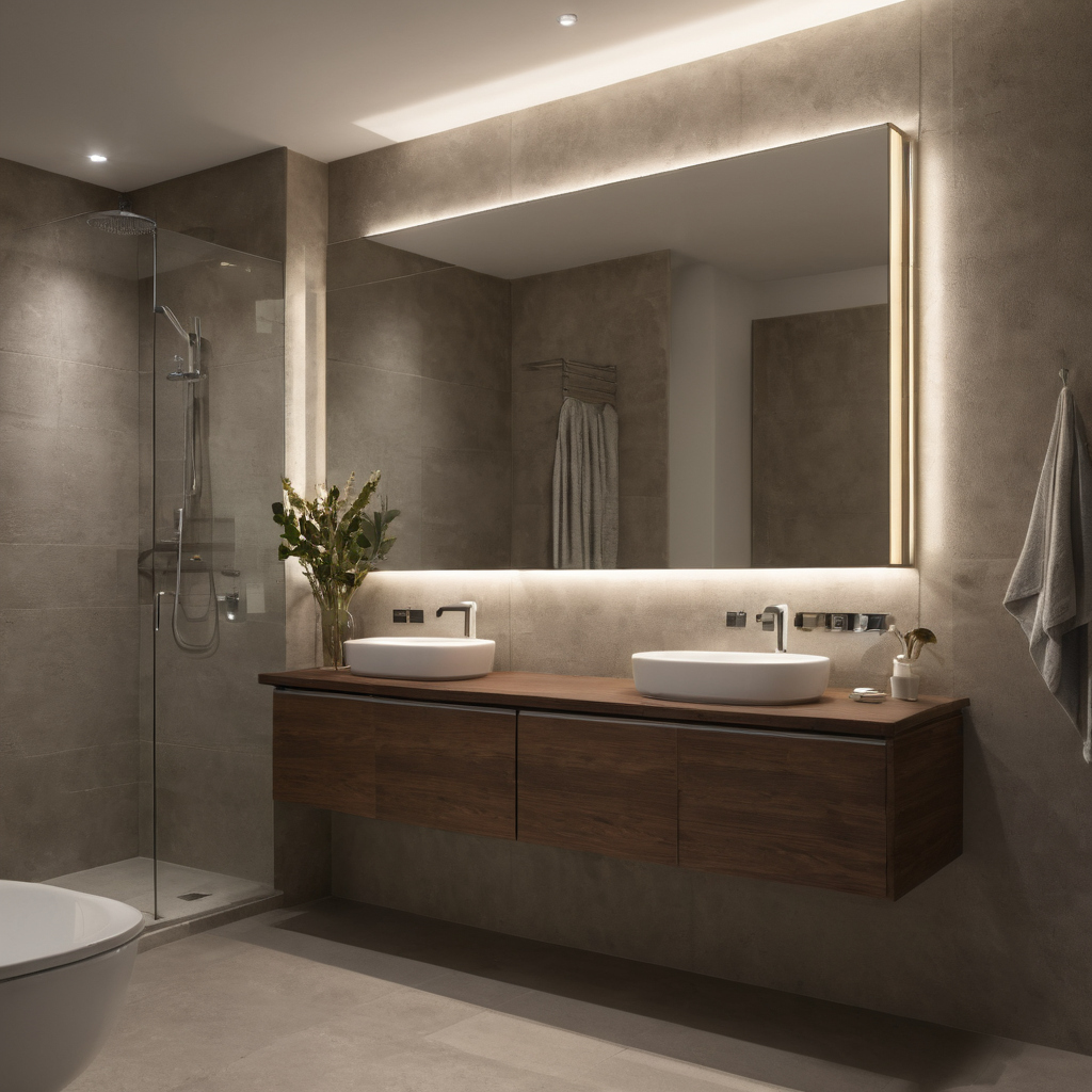 How should lighting, wiring, and demisting be coordinated behind a mirror on a mirrored bathroom wall shown in a luxury residential interior